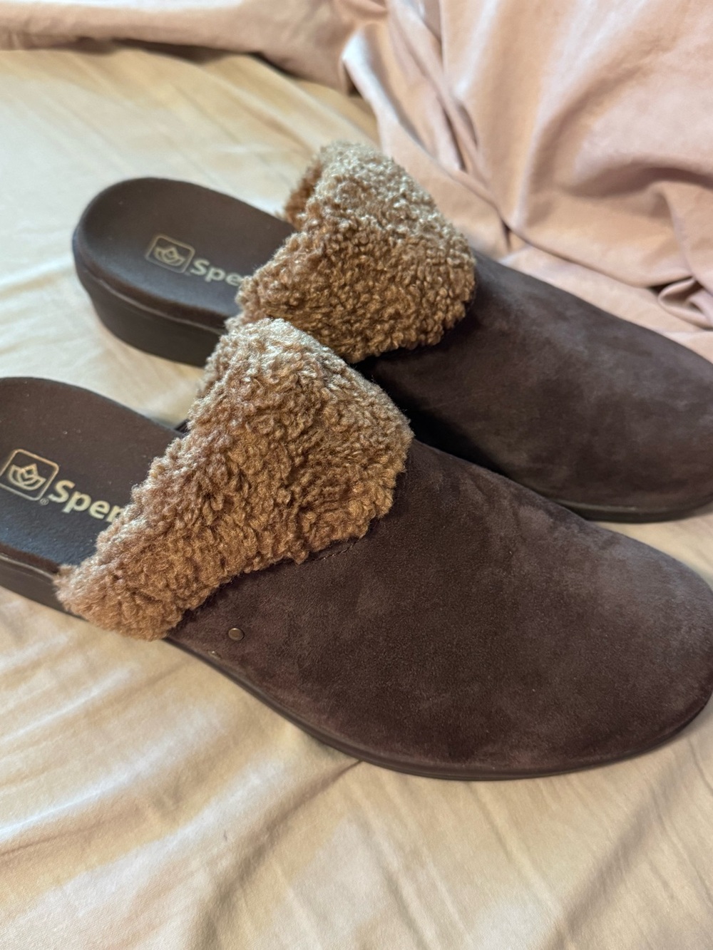 Spenco Brown Suede Clogs w/Sherpa Collar 10D (Wide) LIKE NEW
